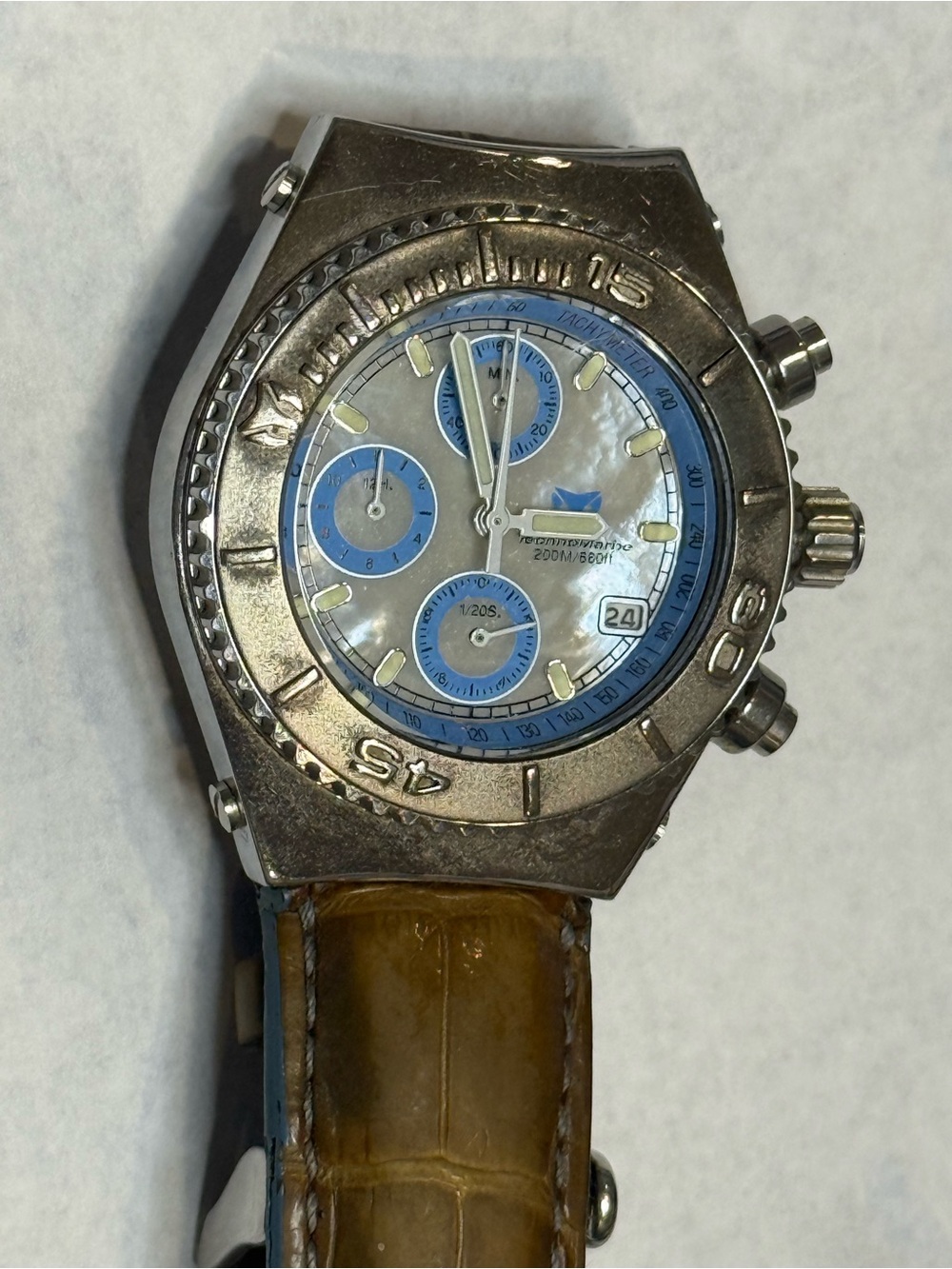 Vintage TechnoMarine TechnoSport Chronograph MOP Blue Dial Leather Watch 200M